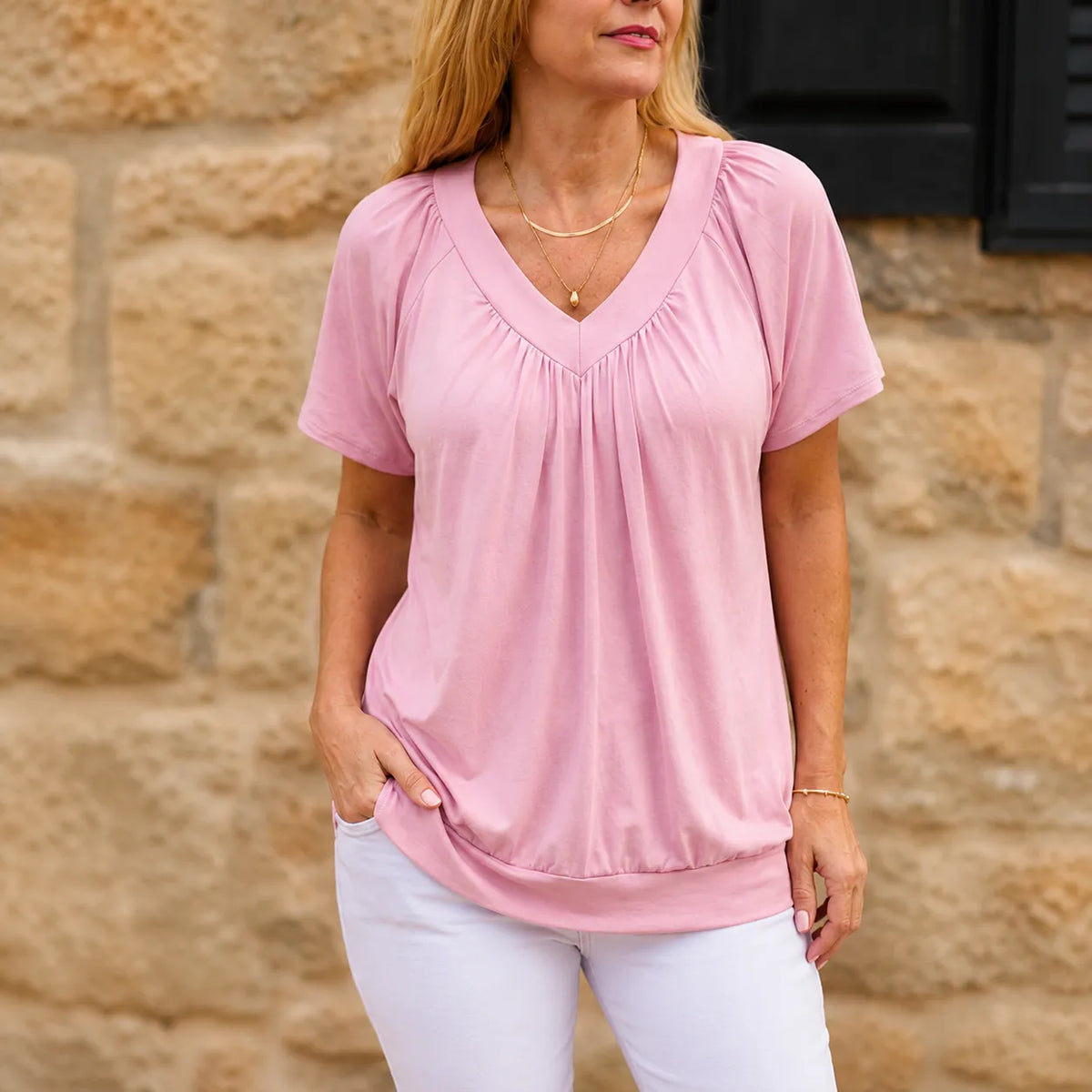 Velora – Pleated V-Neck Tunic Top for Women, Soft Drape Casual Blouse