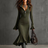 Selara – Ribbed Fishtail Knit Midi Dress with Half-Zip Collar