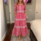 Verella – Chain-Print Tiered Maxi Dress with Pockets & V-Neck