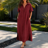Solventa – Women's Linen-Look Maxi Shirt Dress with Pockets