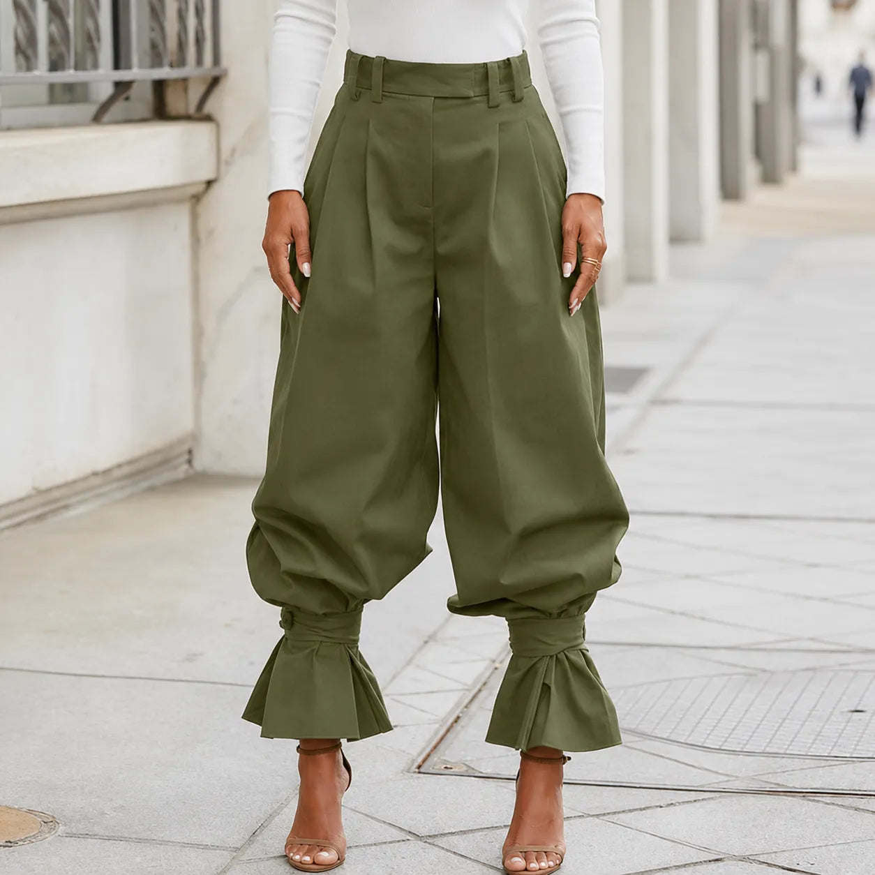 Verona – High Waist Pleated Lantern Pants with Ruffled Cuff