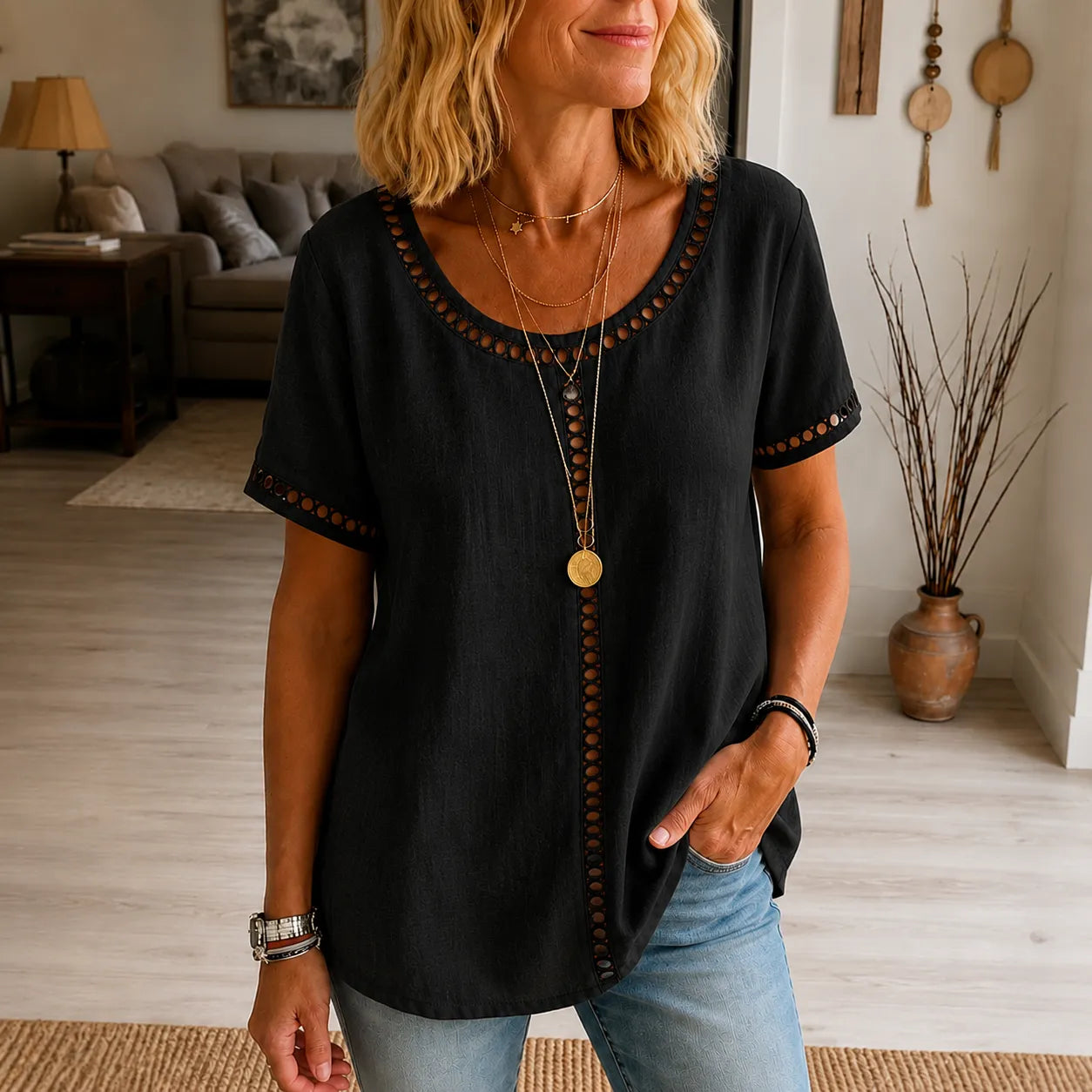 Marellia – Boho Openwork Trim Tunic Top for Women, Relaxed Fit Short Sleeve Summer Blouse
