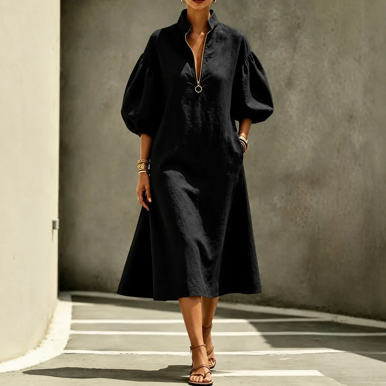 Solvana – Half-Zip Puff Sleeve Loose Midi Dress with Pockets