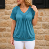 Velora – Pleated V-Neck Tunic Top for Women, Soft Drape Casual Blouse