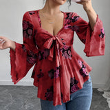Roselyn – Floral tie-front bell sleeve mesh blouse