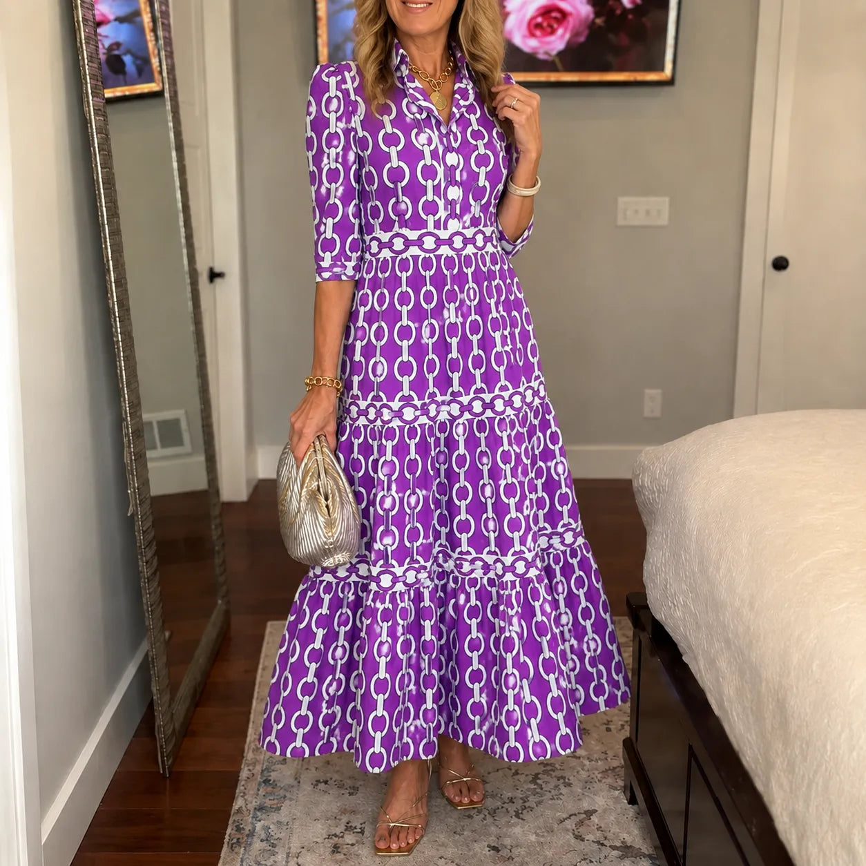 Verella – Chain-Print Tiered Maxi Dress with Pockets & V-Neck
