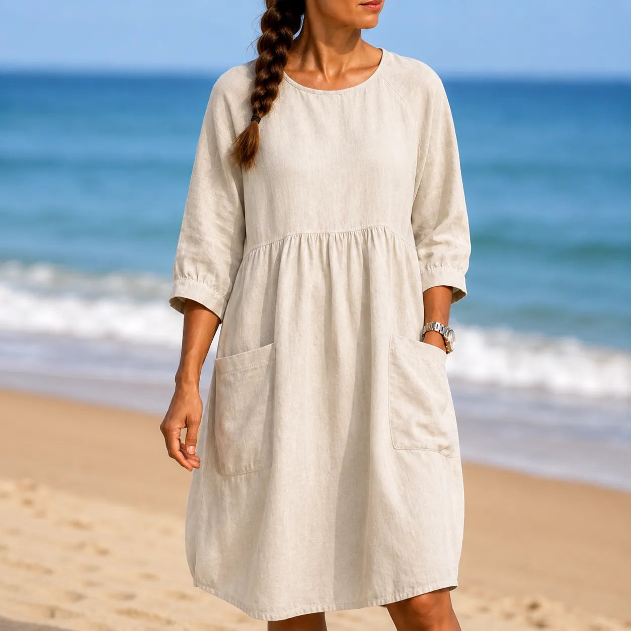 Marelle – Linen-Look Midi Dress with Three-Quarter Sleeves & Pockets