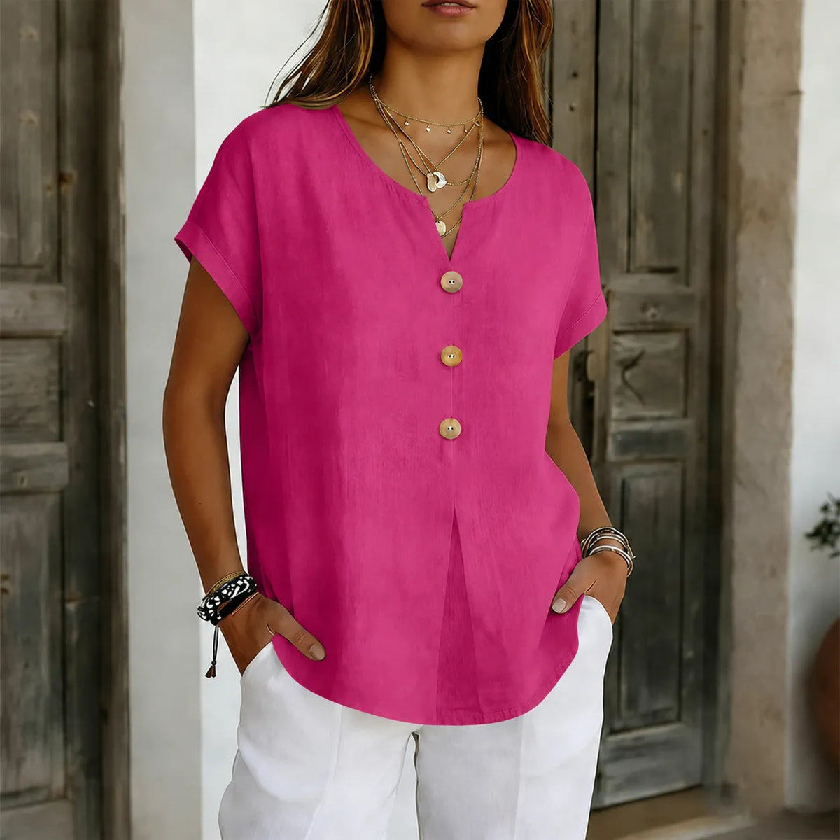 Lyneva – Linen-Look V-Neck Button Top for Women, Relaxed Casual Short-Sleeve Blouse