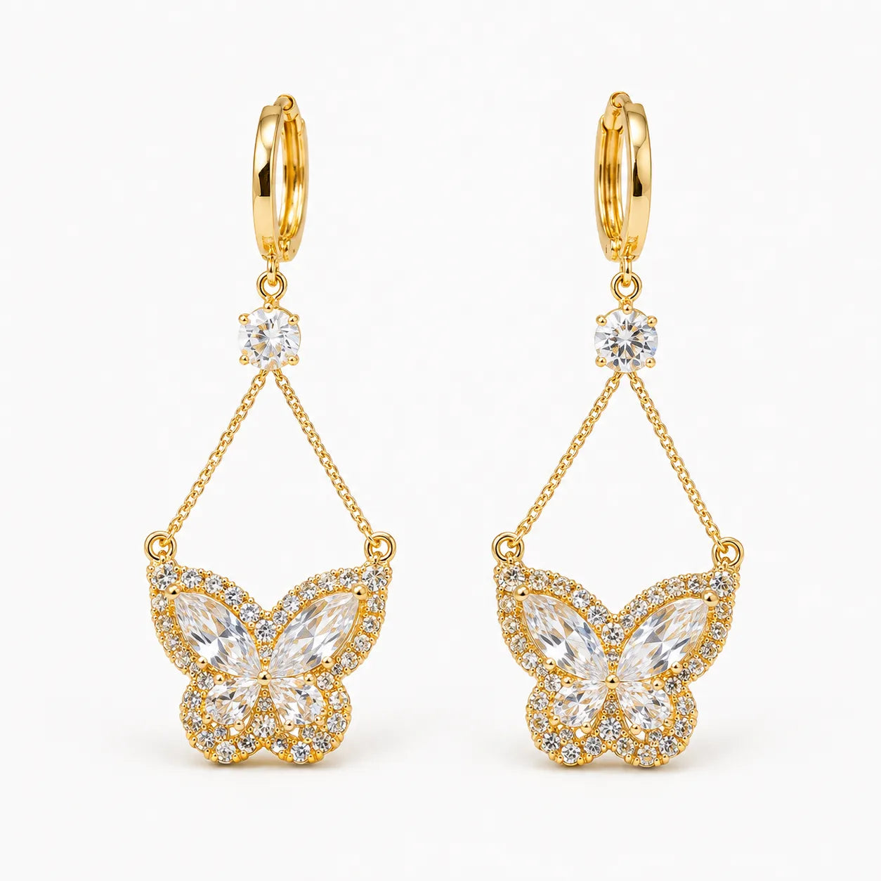Papillore – Sparkling butterfly drop earrings, gold-tone cubic zirconia, delicate everyday elegance