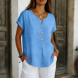 Lyneva – Linen-Look V-Neck Button Top for Women, Relaxed Casual Short-Sleeve Blouse