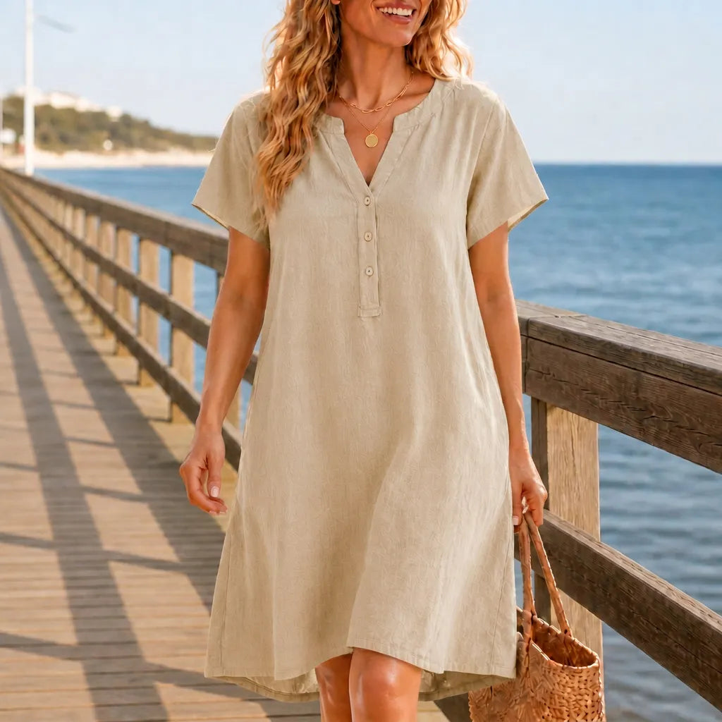 Solivia – Women's V-Neck Midi Dress with Pockets