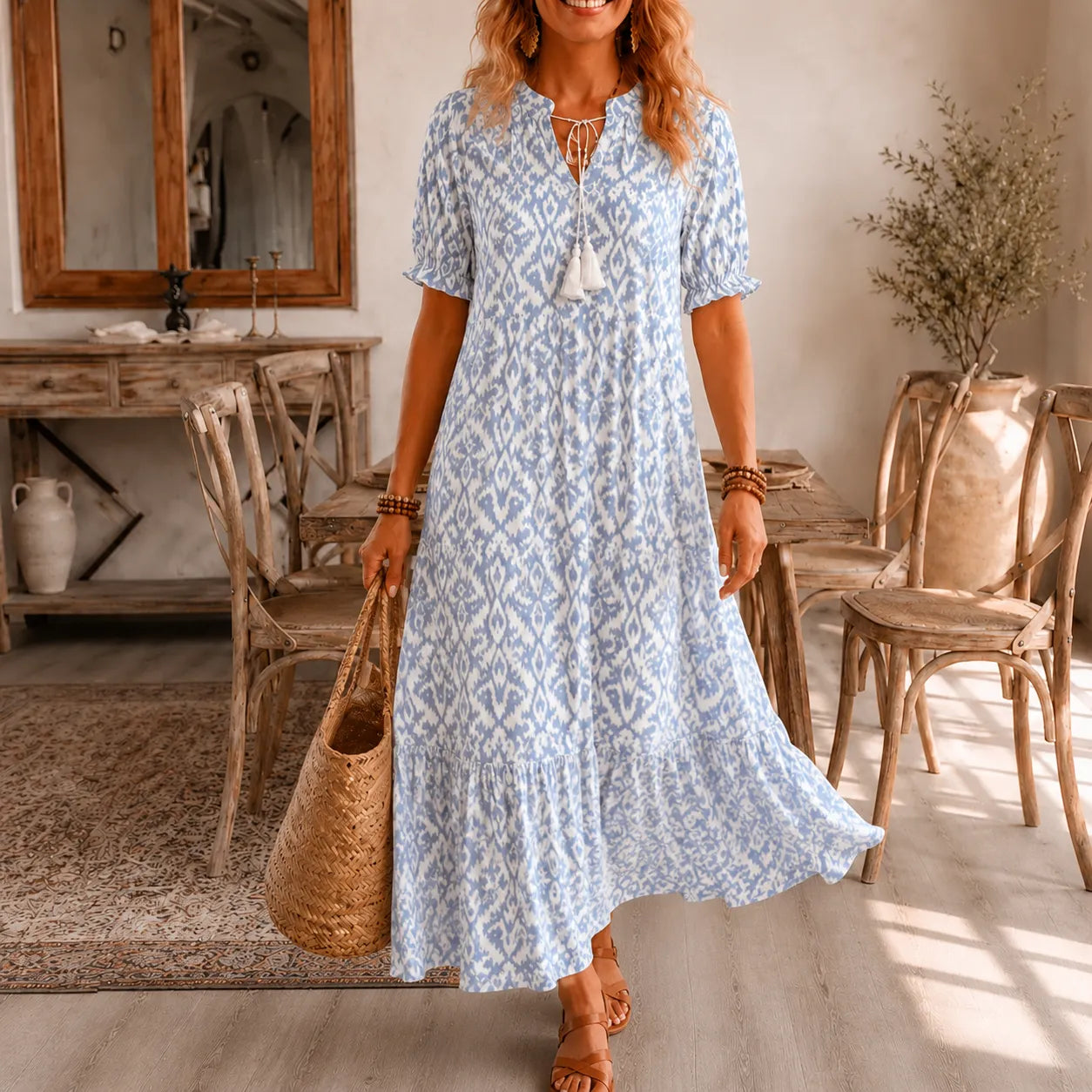 Solara – Ikat Print Boho Maxi Dress with Tassel V-Neck