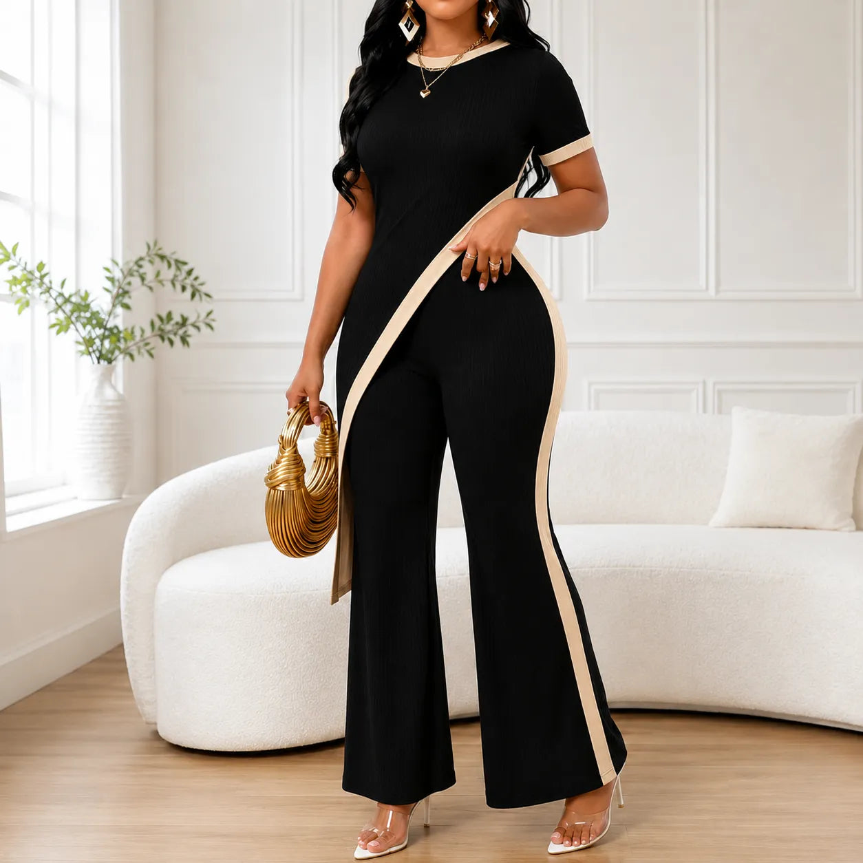 Velora – Asymmetric Ribbed Two-Piece Set with Flared Pants