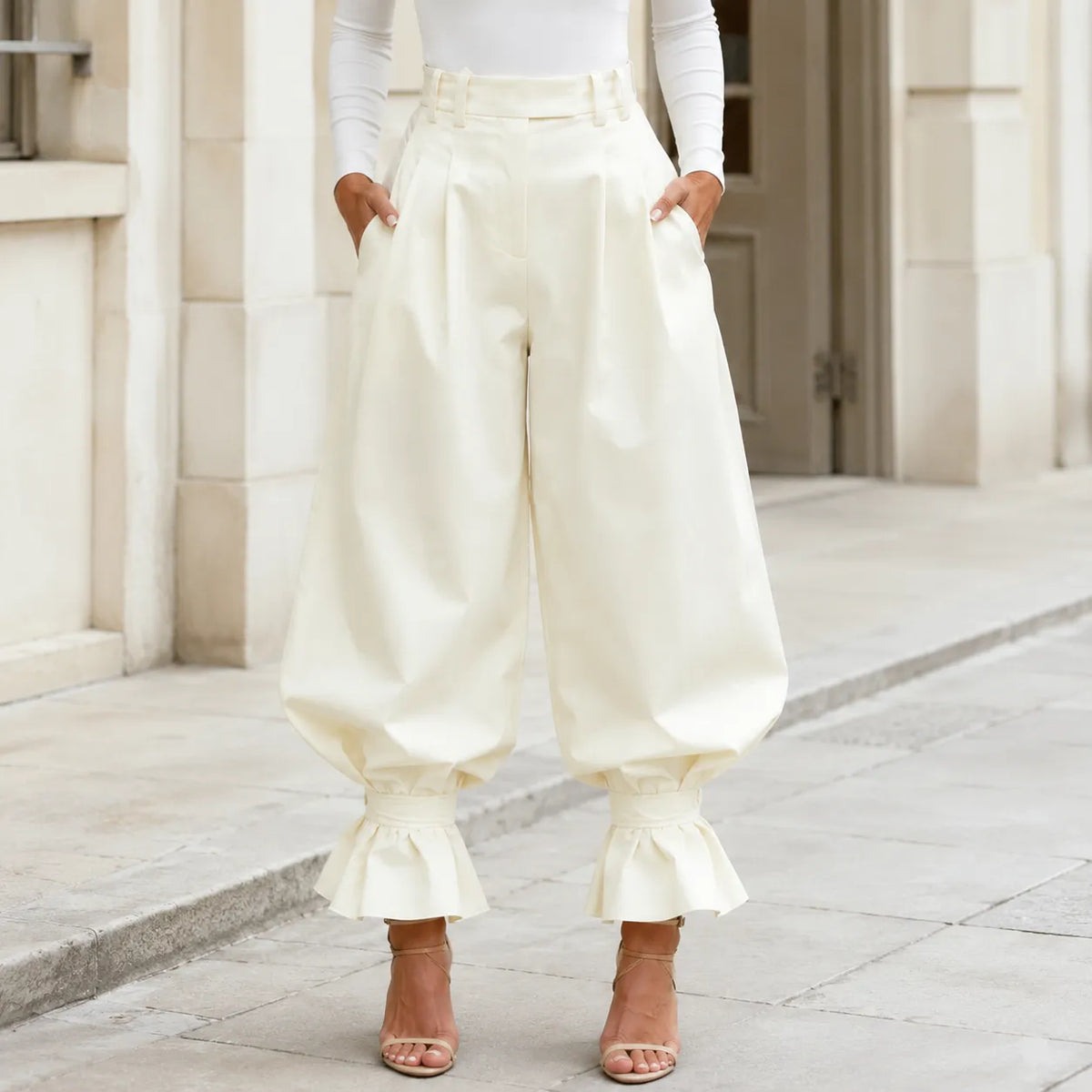 Verona – High Waist Pleated Lantern Pants with Ruffled Cuff