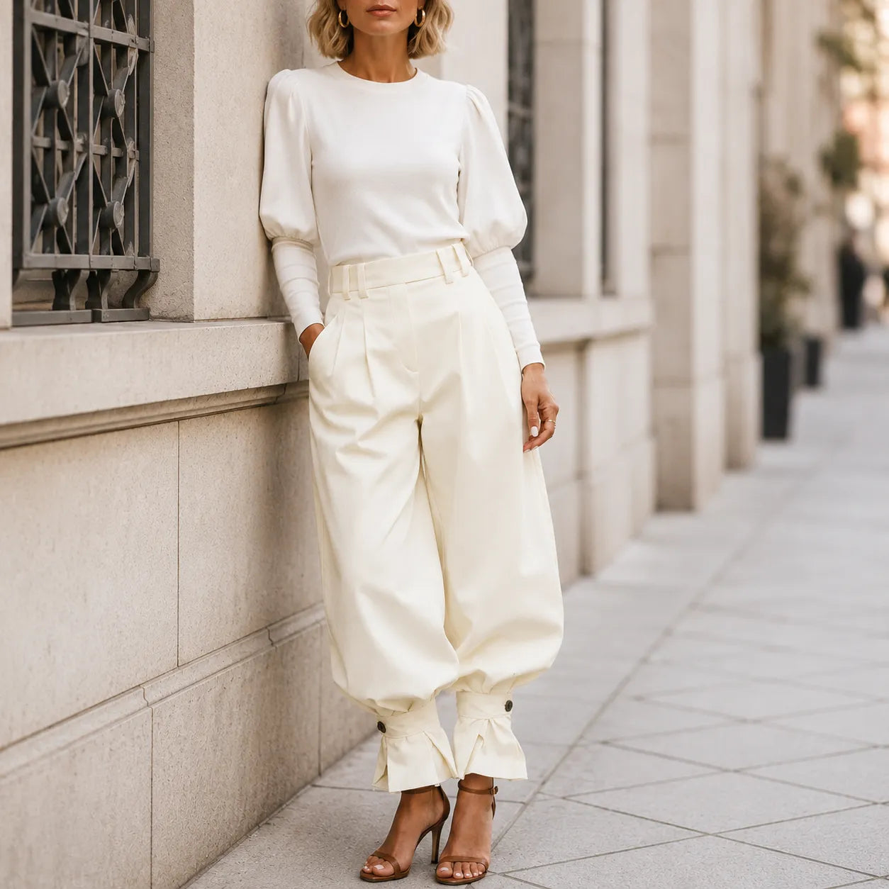 Marlow – Pleated Lantern Wide-Leg Trousers with Bow Cuffs