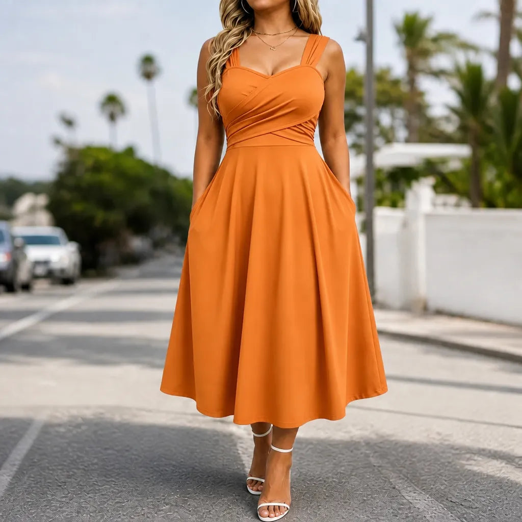 Vellora – Ruched Sweetheart Midi Dress with Pockets