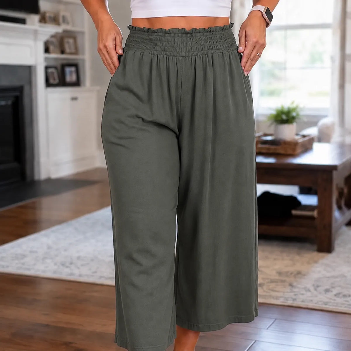 Wearbella – High Waisted Wide Leg Cropped Pants with Smocked Waist
