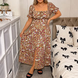 Florenza – Floral Midi Dress with Smocked Bodice and Side Slit