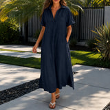Solventa – Women's Linen-Look Maxi Shirt Dress with Pockets