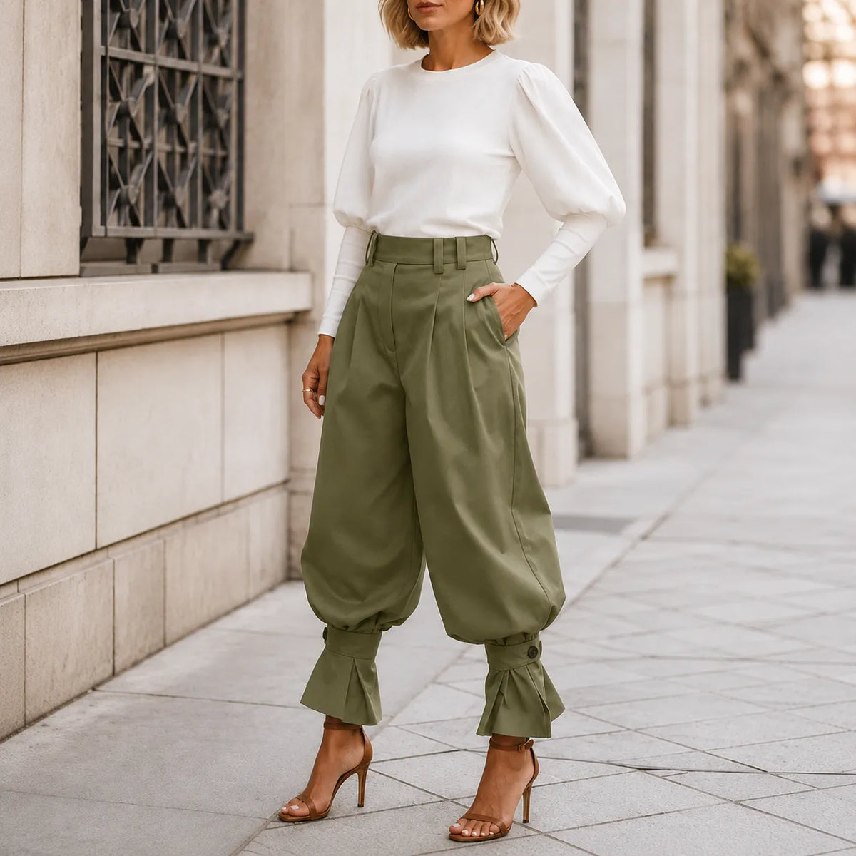 Marlow – Pleated Lantern Wide-Leg Trousers with Bow Cuffs