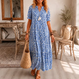 Solara – Ikat Print Boho Maxi Dress with Tassel V-Neck