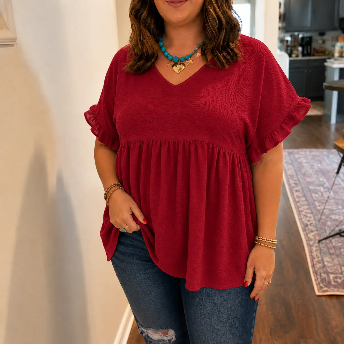 Vivelyn – Flowy V-Neck Babydoll Blouse with Flutter Sleeves
