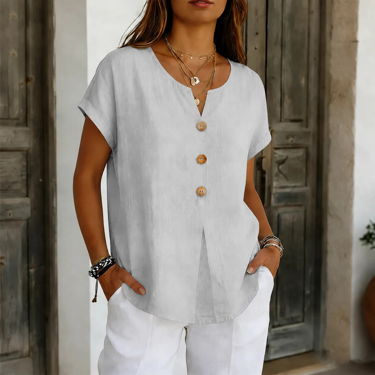Lyneva – Linen-Look V-Neck Button Top for Women, Relaxed Casual Short-Sleeve Blouse