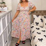 Florenza – Floral Midi Dress with Smocked Bodice and Side Slit