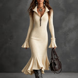 Selara – Ribbed Fishtail Knit Midi Dress with Half-Zip Collar