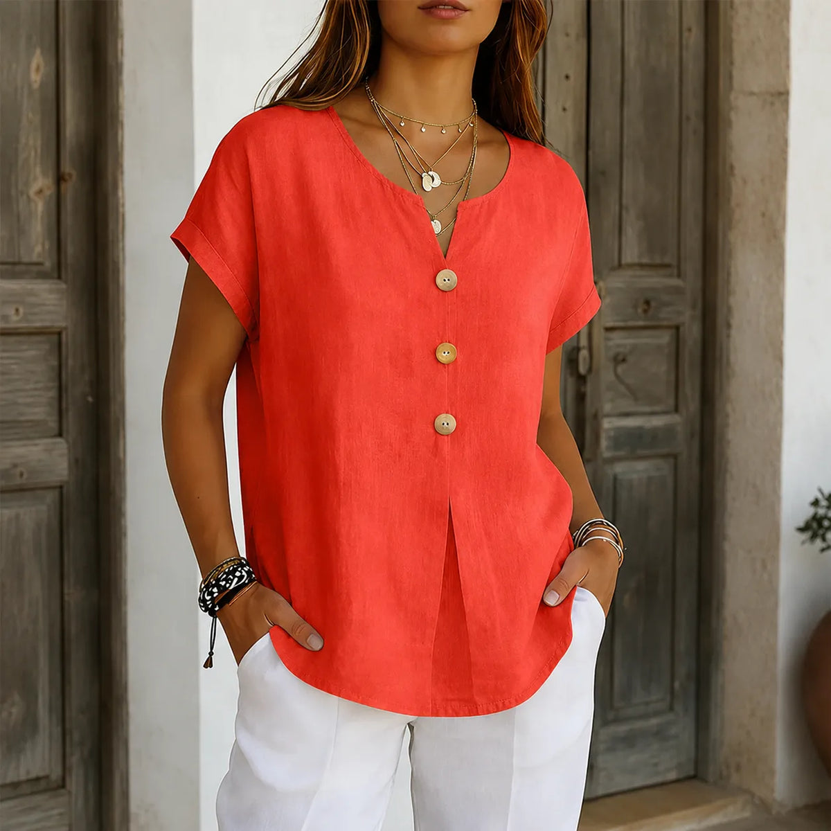 Lyneva – Linen-Look V-Neck Button Top for Women, Relaxed Casual Short-Sleeve Blouse