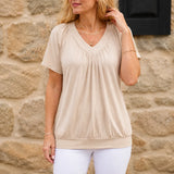 Velora – Pleated V-Neck Tunic Top for Women, Soft Drape Casual Blouse