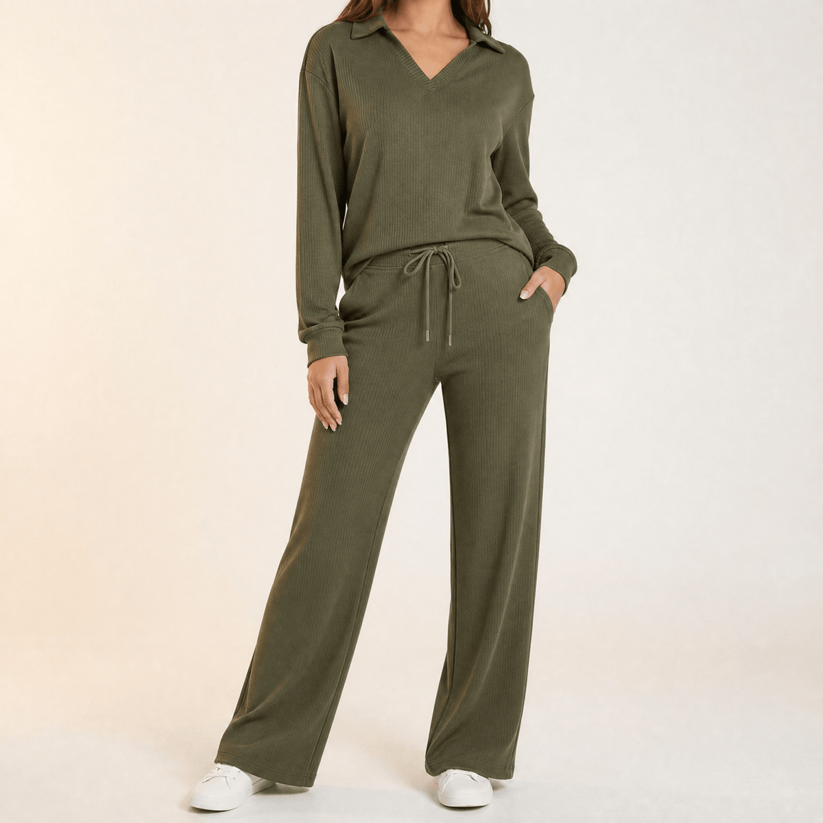 Velaire – V Neck Blouse and Wide Leg Pants Set