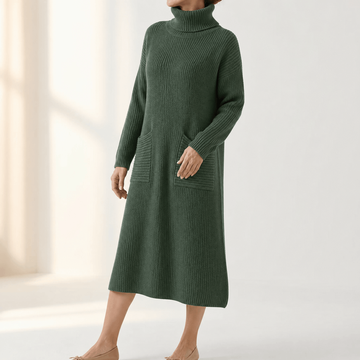 Velara – Women's Relaxed Turtleneck Sweater Dress with Pockets