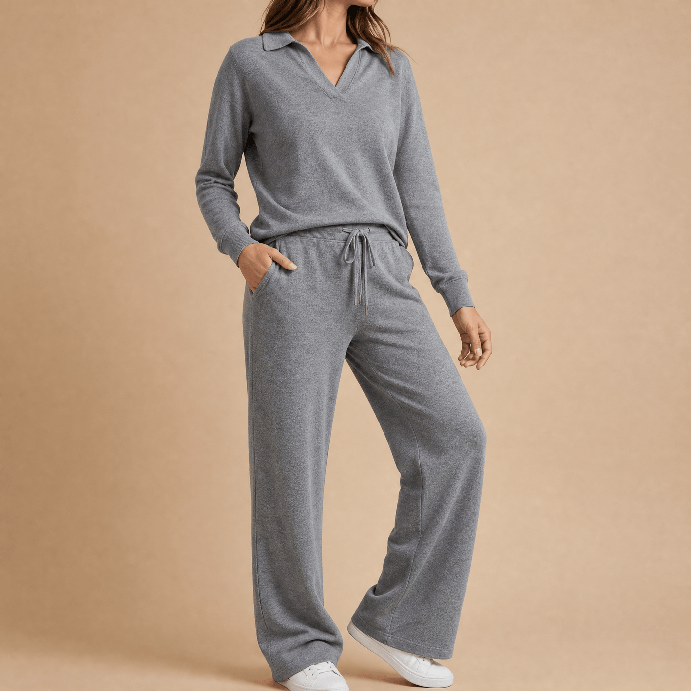 Veluna – Soft V-Neck Lounge Set with Wide Leg Pants