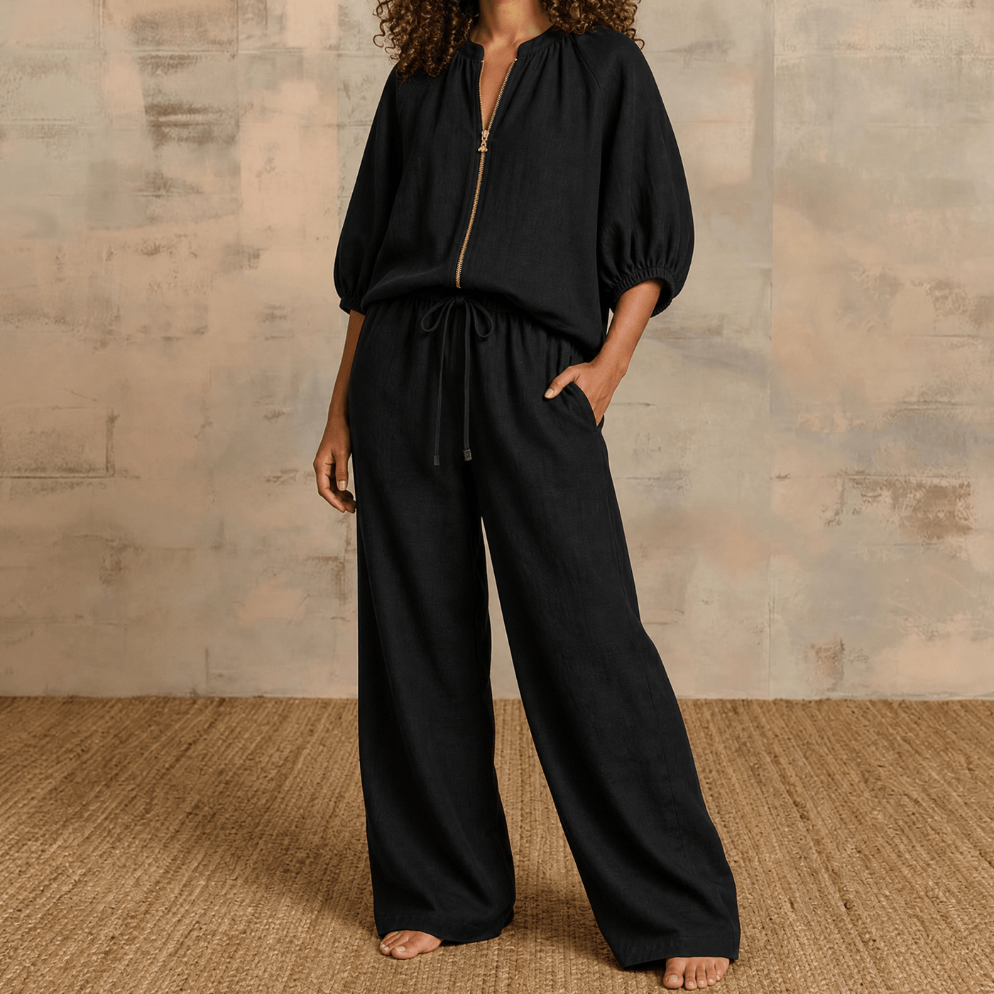 Veluna – Women's Linen Two-Piece Set with Gold Zip