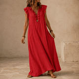Veluna – Women's Ruffle-V Midi Dress with Pockets