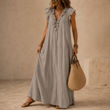 Veluna – Women's Ruffle-V Midi Dress with Pockets
