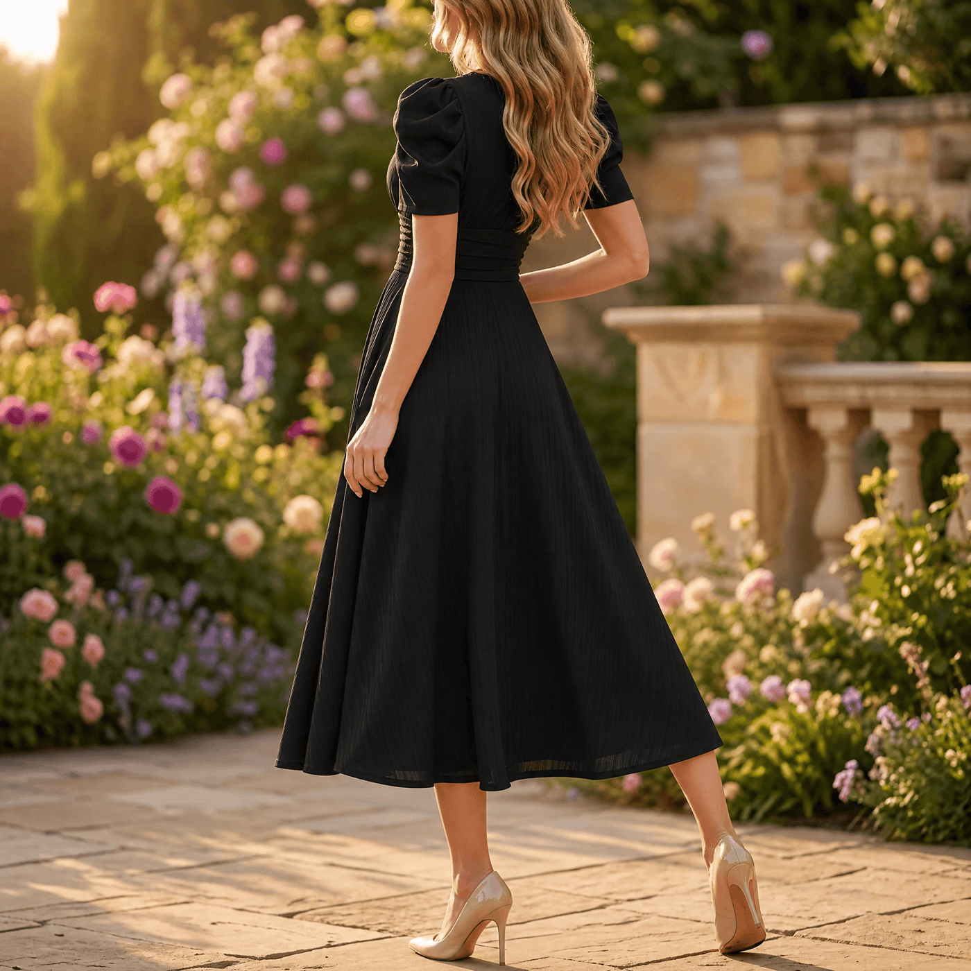 Vivella – Women's elegant puff sleeve midi dress