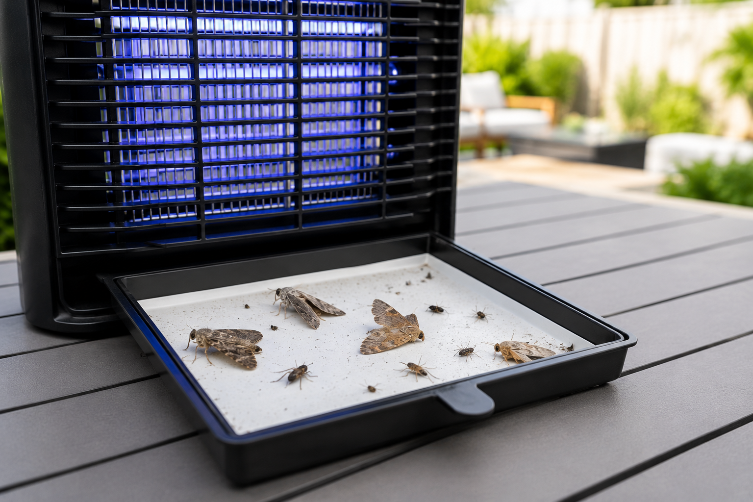 Bug zapper catch tray filled with moths