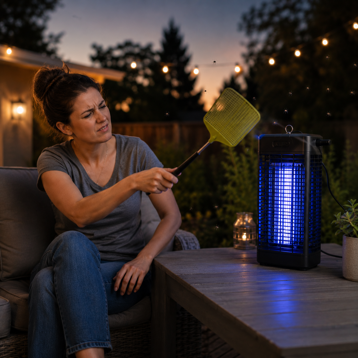 Homeowner clearing insects from a bug zapper