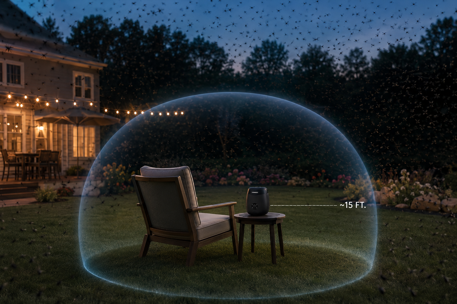 A Thermacell protection bubble covering only one chair